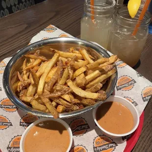 Bad Daddy's home made fries and Bad Daddy's Sauce - Bad Ass Margarita and Bad Ass Long Island