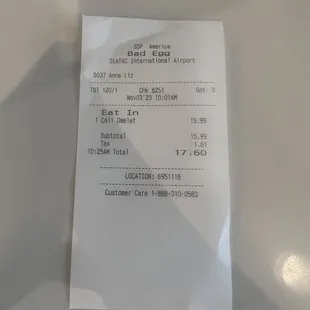 My bill - pretty reasonable for airport dining