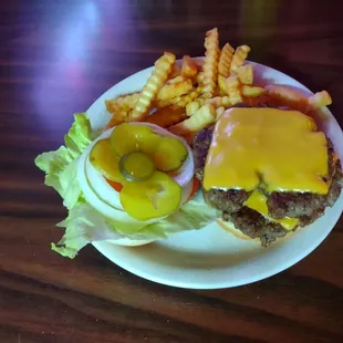 Awesome double cheeseburger for lunch. The patties are made fresh every day.