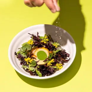 a person sprinkling salt onto a salad