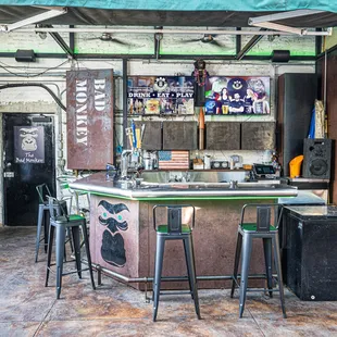 a bar with stools and tables