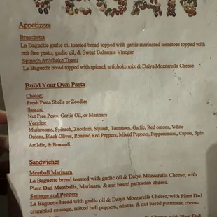 Vegan menu