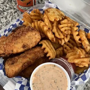 Chicken tender basket that comes with waffle fries and cole slaw. Simply cannot be beaten!!