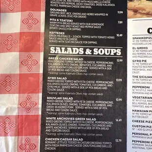 Menu with appetizers, soups, and salads