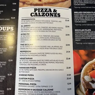 Menu with pizza and calzones