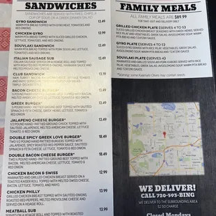Menu with sandwiches and family meals