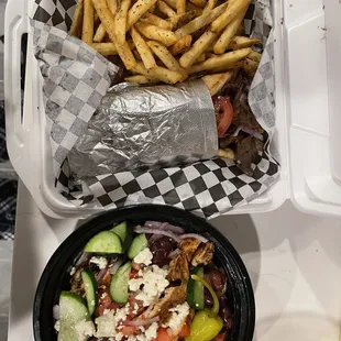 gyro sandwich with fries + chicken bowl