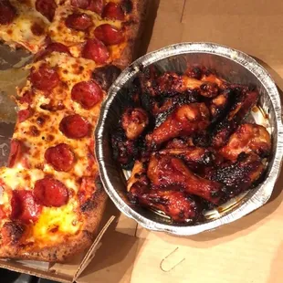 Pepperoni pizza and BBQ dirty wings