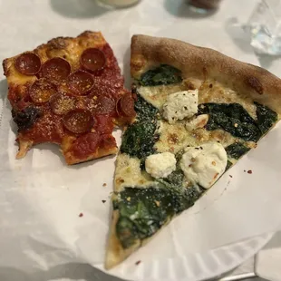 Pepperoni Sicilian &amp; spinach and feta white pizza