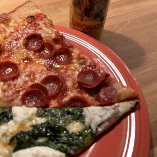 Traditional pepperoni slice and white ricotta/spinach slice with a limonata.