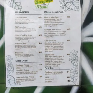 Menu posted on the truck. I had the Hammah Ass plate lunch. Next time I definitely want to try the Trufflin-Ass burger.