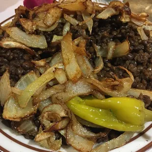 Mujadara with grilled onions