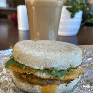 Commuter breakfast sandwich and cold brew