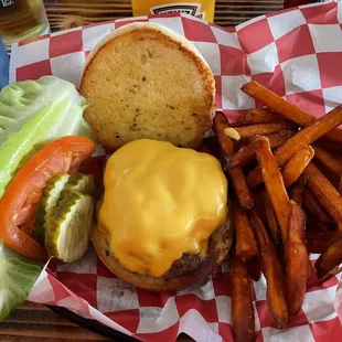 a cheeseburger and fries