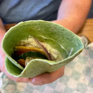 a person holding a wrap of food