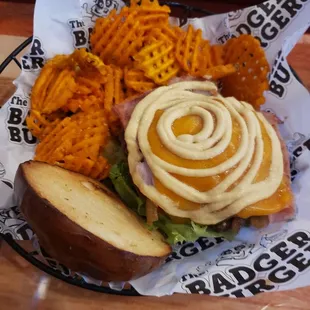Smokey burger and sweet potato waffle fries