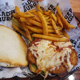 Chicken parmesan sandwich and chive fries