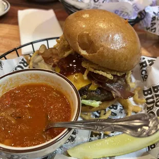 Makers Mark burger and pizza soup