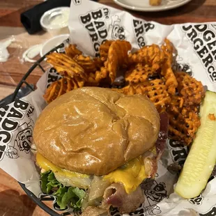 Chipotle burger with sweet potato waffle fries
