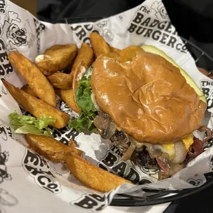 Badger burger with steak fries