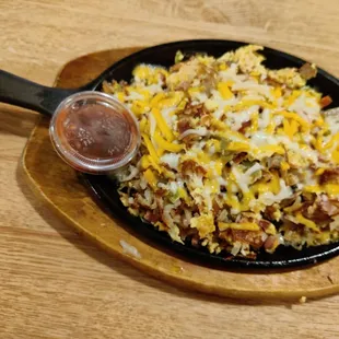 The Skillet: ham, bacon, sausage, eggs, cheese, potatoes, and veggies! Filling and tasty!