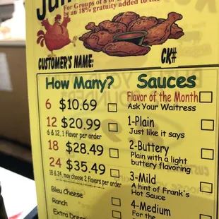 Chicken wings menu