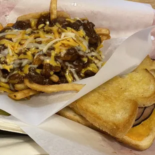Grilled Cheese with Ham on Sourdough, Chili Cheese Fries