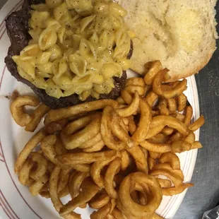 Mac and cheese burger and curly fries