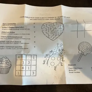Kids menu