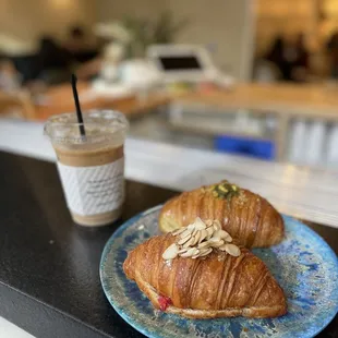 Almond Raspberry Croissant, Pistachio Baklava Croissant, Vanilla Latte