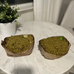 two pieces of bread on a table