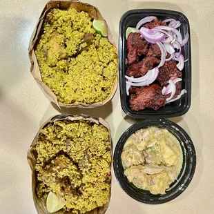 Clockwise: Chicken Kebab, Chilli Chicken, Mutton Donne Biriyani, Chicken Donne Biriyani