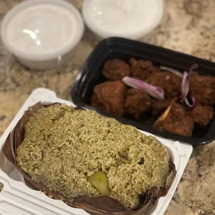 a meal in a styrofoam container