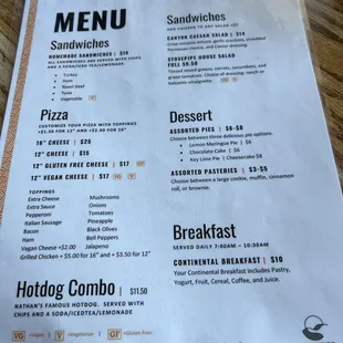 Current menu as kitchen is closed
