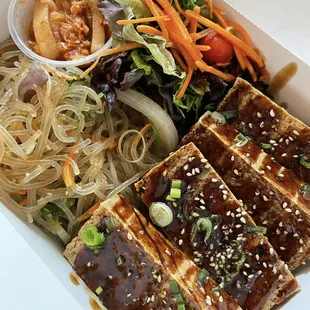 Vegan build-your-own: Crispy tofu with plum sauce, glass noodles, cabbage kimchi