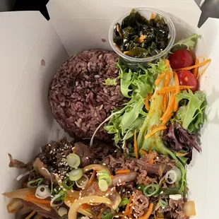 Beef + rice + seaweed salad
