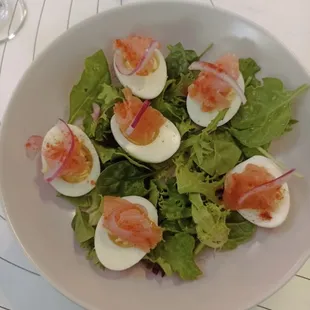Smoked salmon deviled eggs
