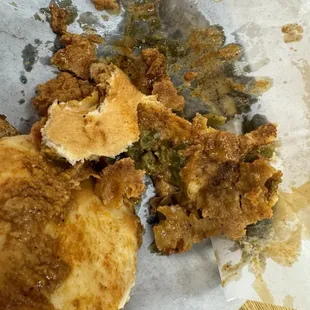 Soggy chicken that the skin came off of. Just oil no spice