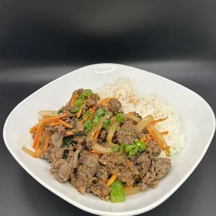 a plate of food with rice and meat