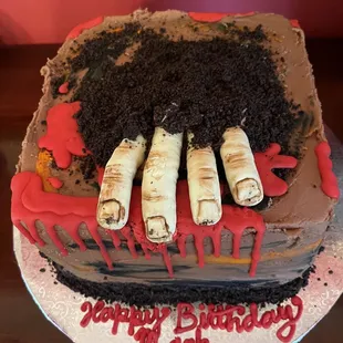 My son was turning 40, and loves anything &quot;Halloween, Zombies, etc.&quot; He loved it! Chocolate with raspberry fill and the fingers were edible!