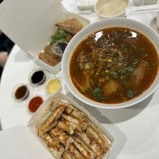 Potstickers + Taiwanese Beef Soup + Chili Pepper Fried Chicken