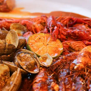 a plate of clams and shrimp