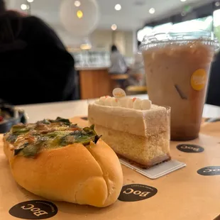 Onion bread, earl grey mousse cake, iced pistachio late