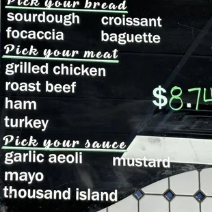 Sandwich menu