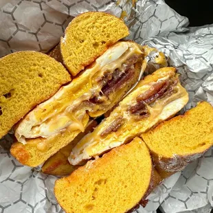 Bacon egg and cheese. French toast bagel. Toasted with salted pepper ketchup.