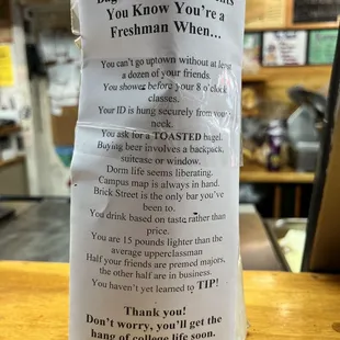 a sign on the counter