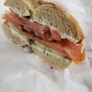 Nova Lox and Cream Cheese Sandwich with capers, cucumbers, tomato + scallion cream cheese (+$1)