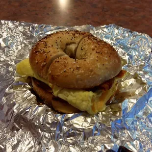 Everything bagel with bacon, egg, and cheese...