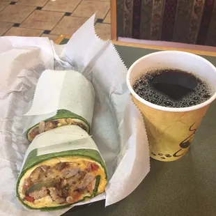 Breakfast burrito and coffee