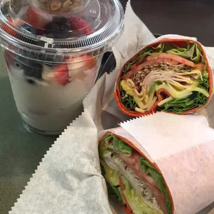 California turkey wrap and yogurt parfait (made with Greek yogurt)